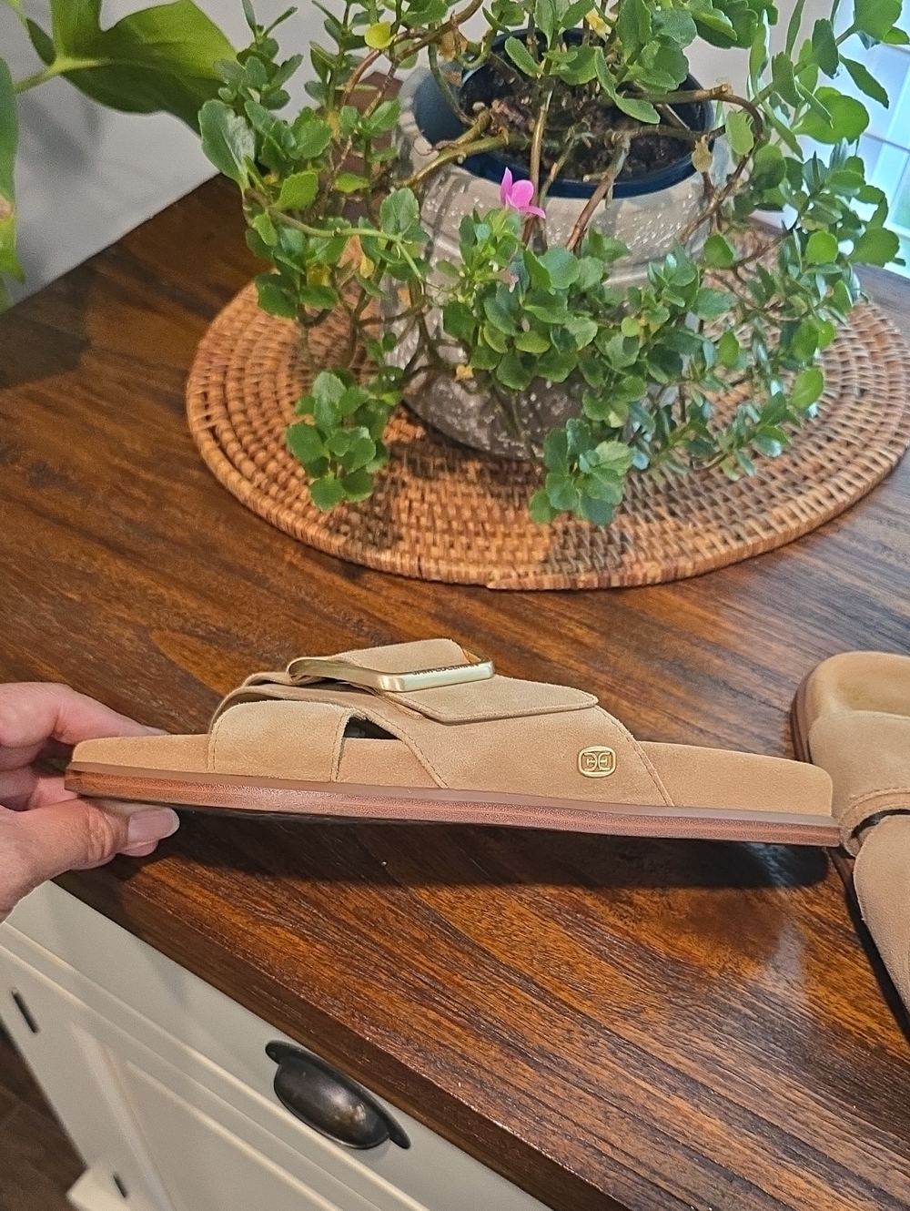 Sam Edelman Tan Suede Buckle Crossband Slides - Picture 7 of 10